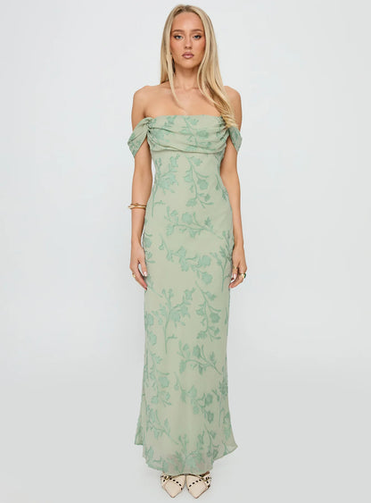 Azura Off The Shoulder Maxi Dress Green Burnout