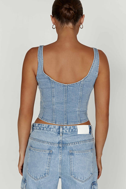 Leilani Corset Denim Top - Mid Blue