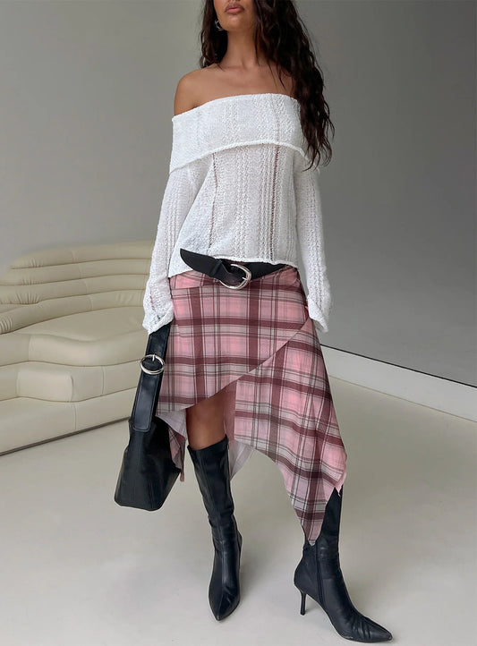 Anali Asymmetrical Midi Skirt Pink / Multi Check