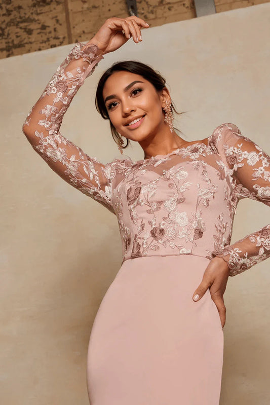 Peplum Embroidered Lace Bodycon Dress in Pink