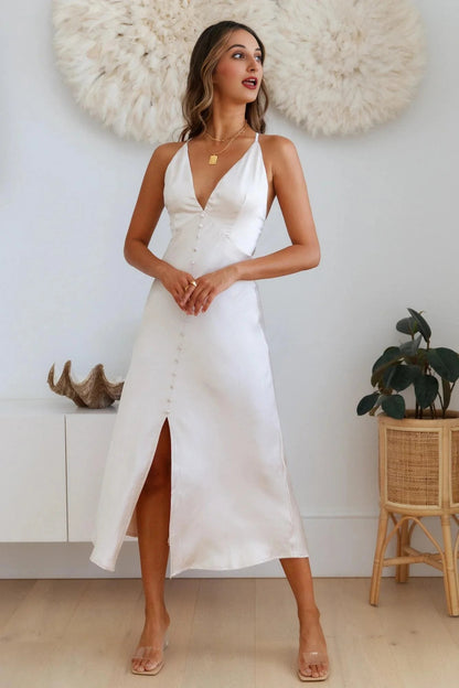 Sleek Night Satin Midi Dress Champagne