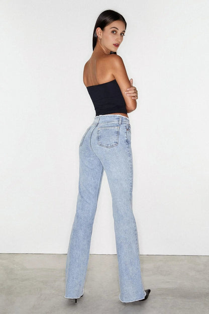 Frayed Low Rise Jeans in Light Wash Blue